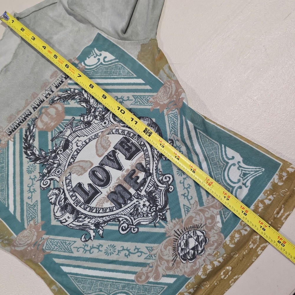 Women Love Me Graphic Mesh Long Sleeve Top Sage Green Y2K Grunge XS 2 - Picture 9 of 10